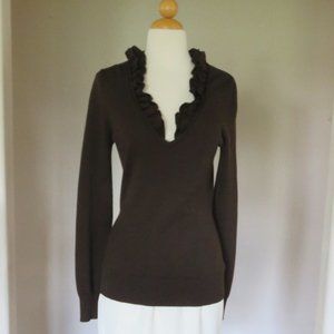 Tory Burch  Size Small 100% Merino Wool Ruffle V Neck Pullover Sweater